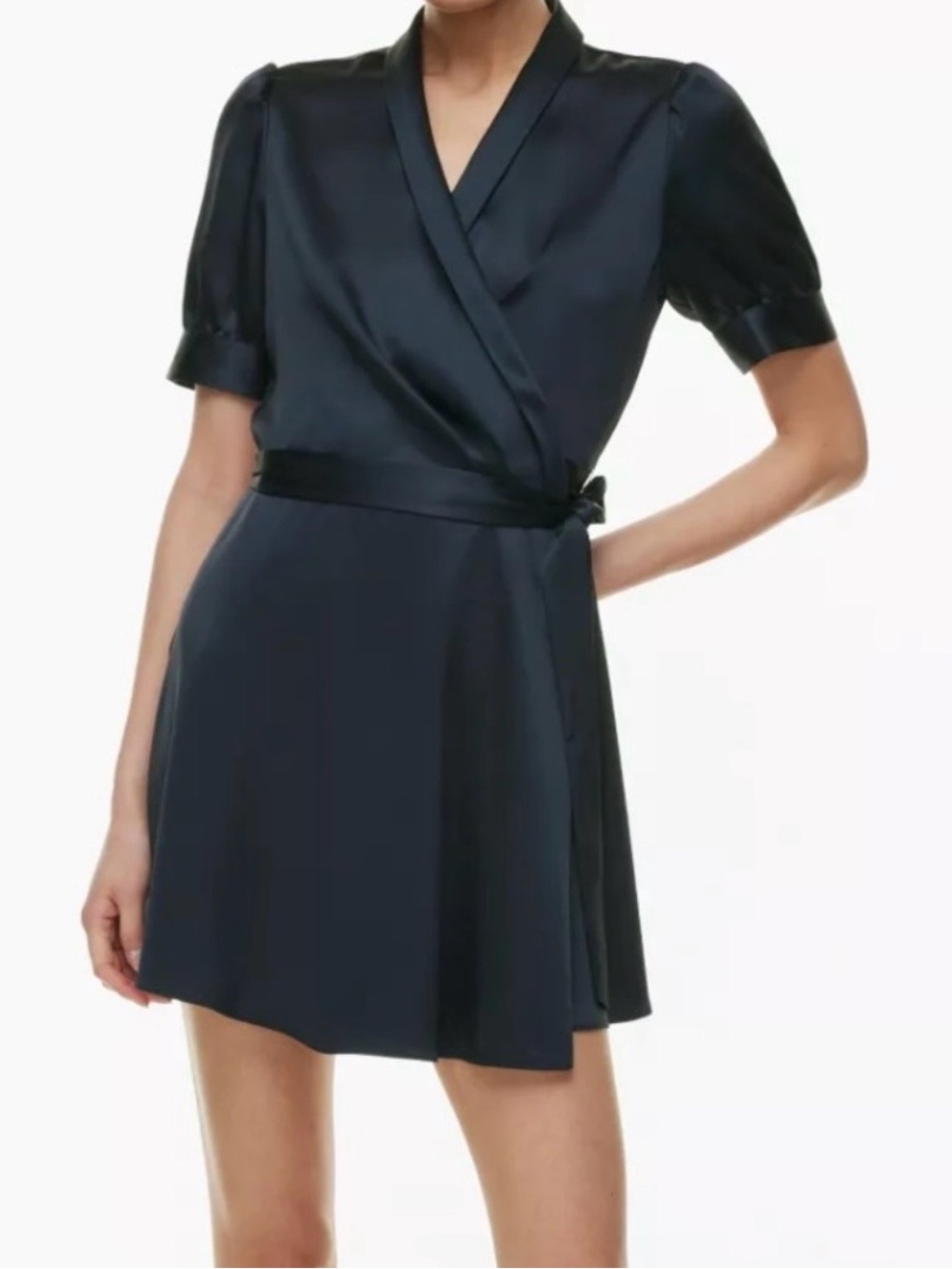 Babaton Aritzia Hyde Satin Wrap Mini Dress Navy Size S Puff Sleeve Belted